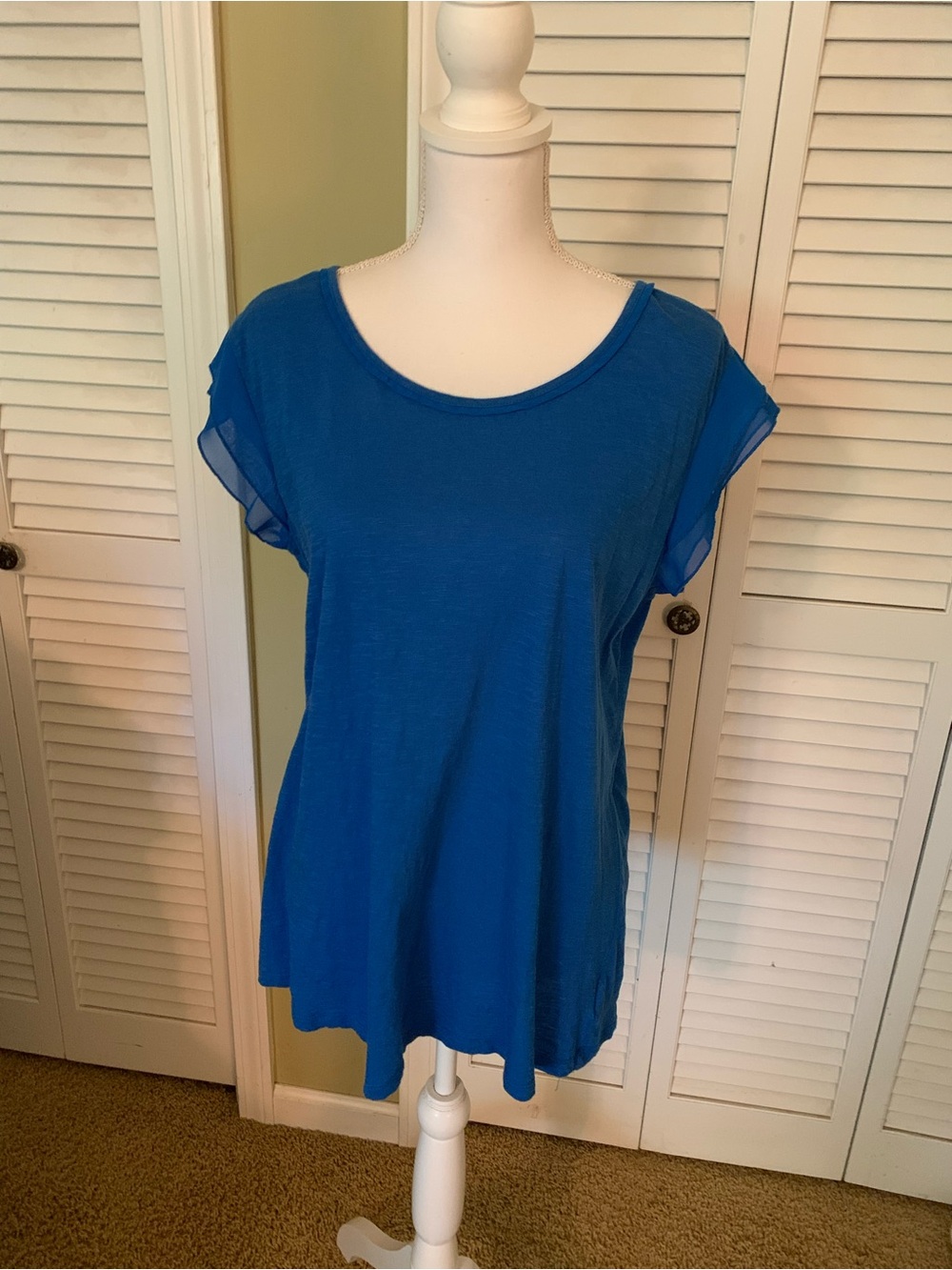 Style & Co. Blue Women’s Scoop Neck Short Sleeve Top  Sheer Ruffle Cap Sleeves